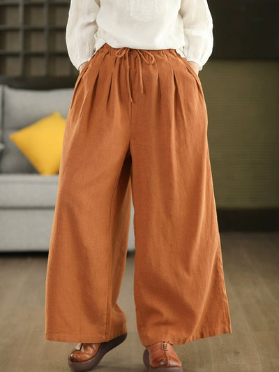 Autumn Retro Ramie Loose Elastic Waist Lace-Up Pants