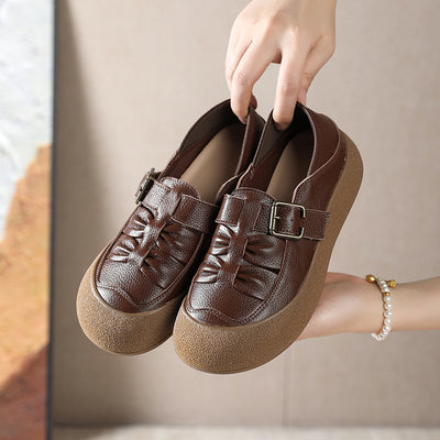 Women Fashion Genuine Leather Ruched Buckled Casual Shoes
