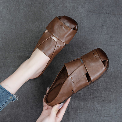 Summer Genuine Leather Thin Soft Sole Cut-Out Sandals Slippers