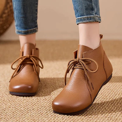 Genuine Leather Retro Round Toe Lace-Up Ankle Boots