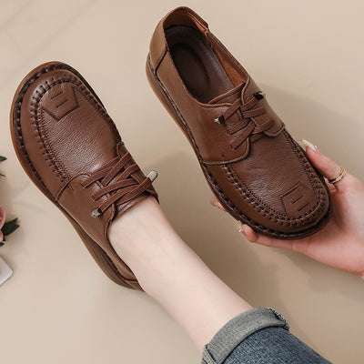 Women Retro Comfy Genuine Leather Platform Wedge Soft Sole Shoes