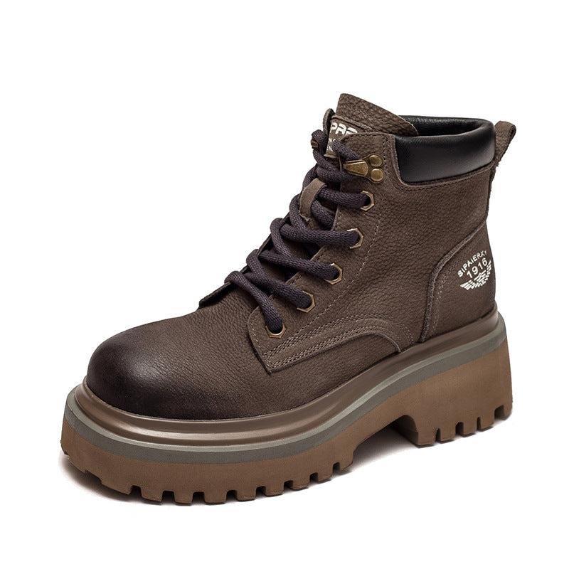 Women Retro Fashion Lace- Up Platform Leather Boots