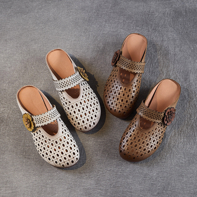 Babakud Retro Leather Hollow Soft Sole Flower Velcro Flats