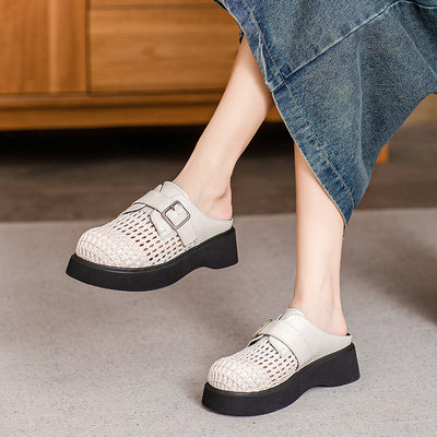 Ladies Casual Breathable Platform Sheepskin Woven Retro Slippers