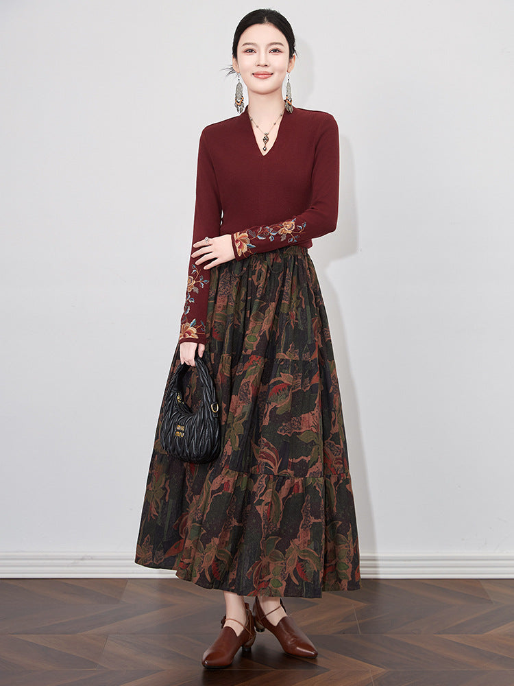 Babakud Autumn Retro Cotton Printed Loose A-Line Skirt