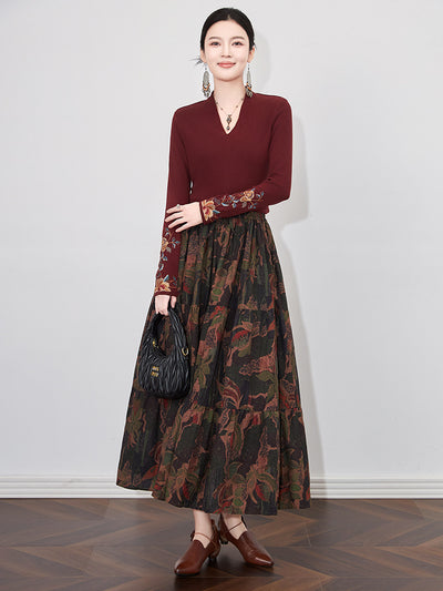 Babakud Autumn Retro Cotton Printed Loose A-Line Skirt