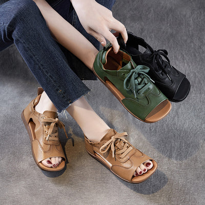 Women Summer Retro Genuine Leather Flat Soft Sole Lace-Up Sandals