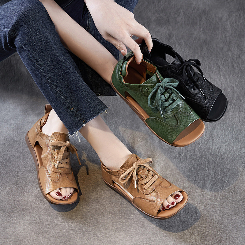 Summer Retro Leather Open Toe Soft Flat Sole Lace-Up Sandals