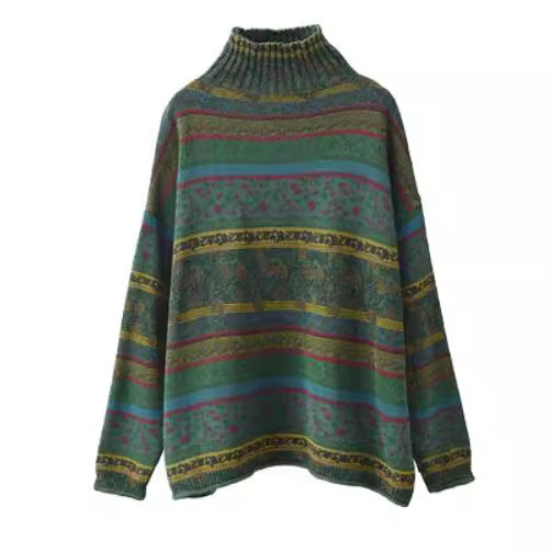 Vintage Floral Patterned Mock Neck Knit Sweater for Women