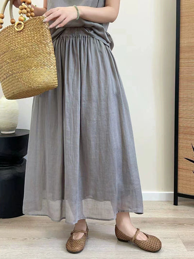 Summer Retro Ramie Elastic Waist Loose Solid Color Skirt