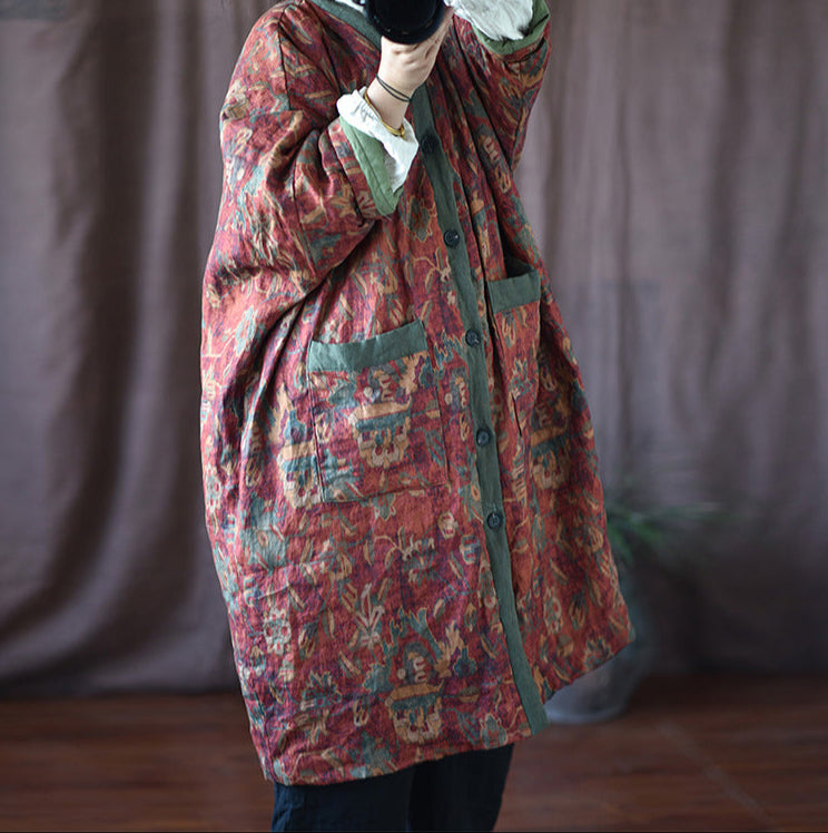 Warm Cozy Thick Vintage Bohemian Floral Quilted Long Cotton Linen Coat