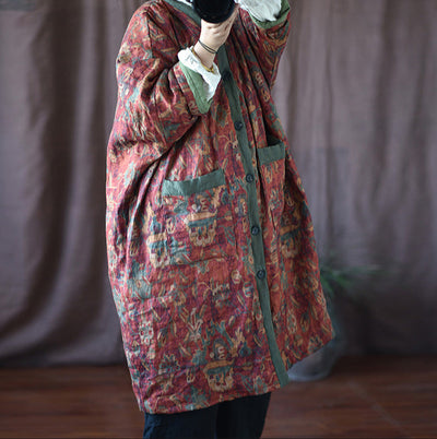 Warm Cozy Thick Vintage Bohemian Floral Quilted Long Cotton Linen Coat