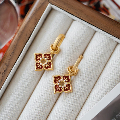 Women Elegant Vintage Flower Pearls Red Earrings