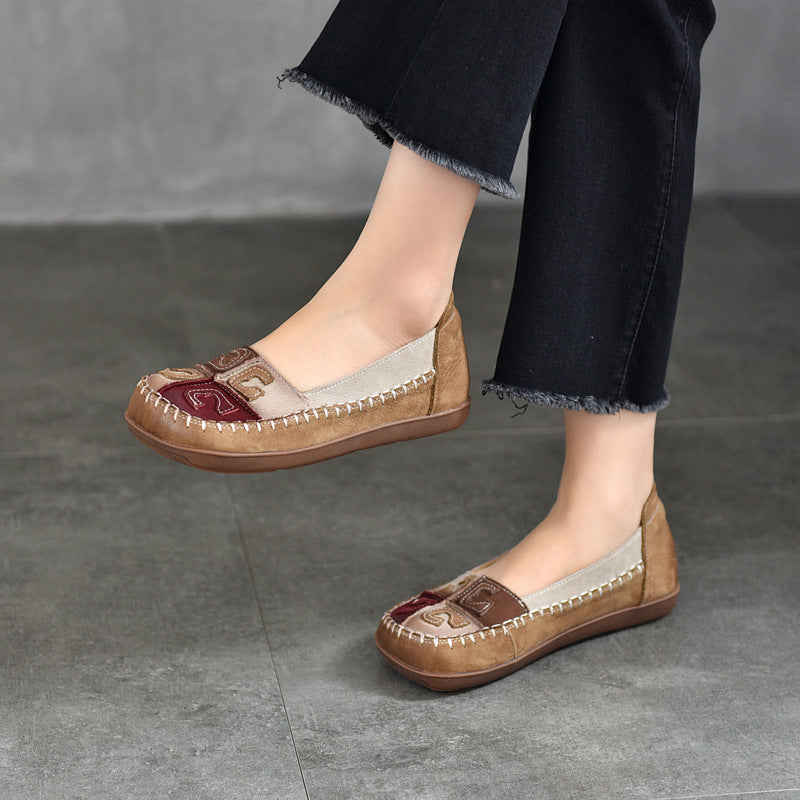 Babakud Women Spring Vintage Colorblock Handmade Leather Flats
