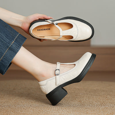 Retro Sheepskin Leather Round Toe One Straped Chunky Shoes