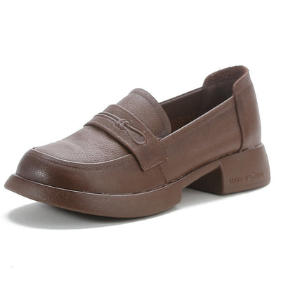 Women Retro Genuine Leather Mid Heel Thick Sole Platform Loafers