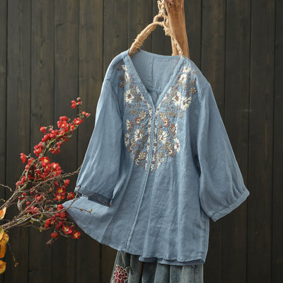 Women Spring Vintage Ramie Embroidered Floral V-Neck Top