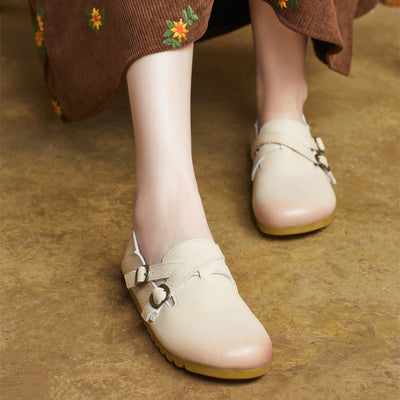 Ladies Retro Comfy Soft Sole Buckle Genuine Leather Casual Shoes