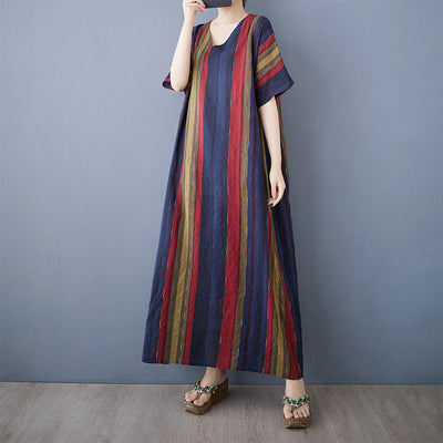 Women Spring Vintage Cotton-Linen Striped Loose Long Dress