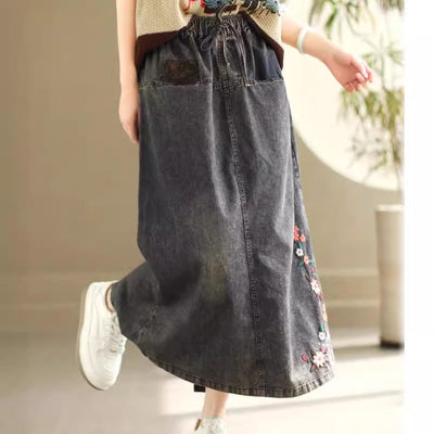 Retro Flowers Embroidered Lace-Up A-Line Midi Denim Skirt