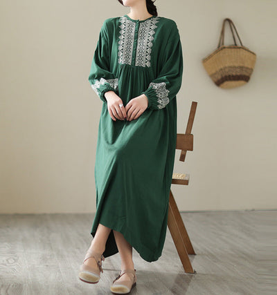 Loose Round Neck Embroidered Long Sleeves Midi Dresses