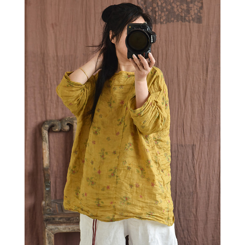 Autumn Retro Ramie Printed Loose Plus Size Shirt