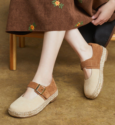 Women Casual Handmade Genuine Leather Buckle Soft Sole Flats