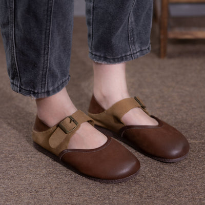 Women Summer Vintage Style Color-Block Breathable Leather Flats
