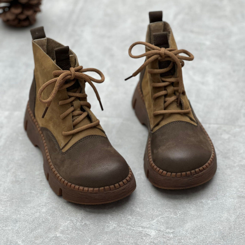 Women Retro Handmade Genuine Leather Platform Short Boots