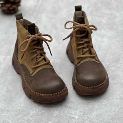 Women Retro Handmade Genuine Leather Platform Short Boots