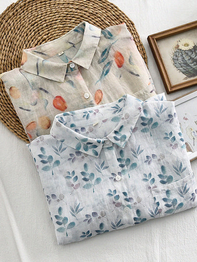 Women Long Sleeves Printed Loose Retro Cotton Ramie Shirt