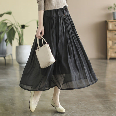 Casual Solid Color High Waist Pleated Cotton Linen A-Line Skirt