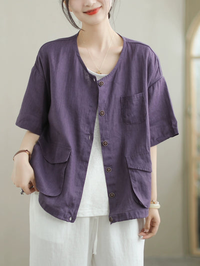 Babakud Summer Retro Linen Round Neck Short Sleeves Shirt