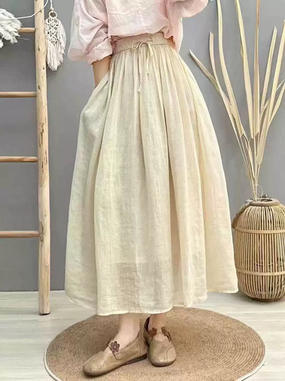 Women Summer Vintage Linen Elastic Waist A-Line Solid Color Skirt