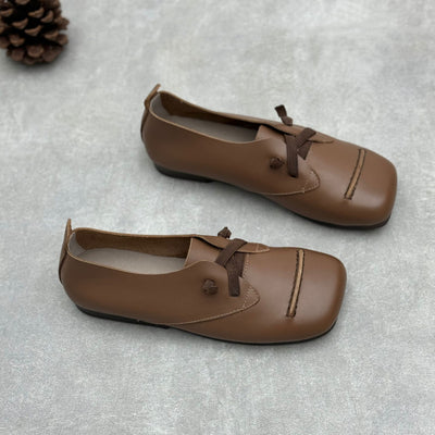 Women Spring Retro Genuine Leather Square Toe Flat Slip-Ons