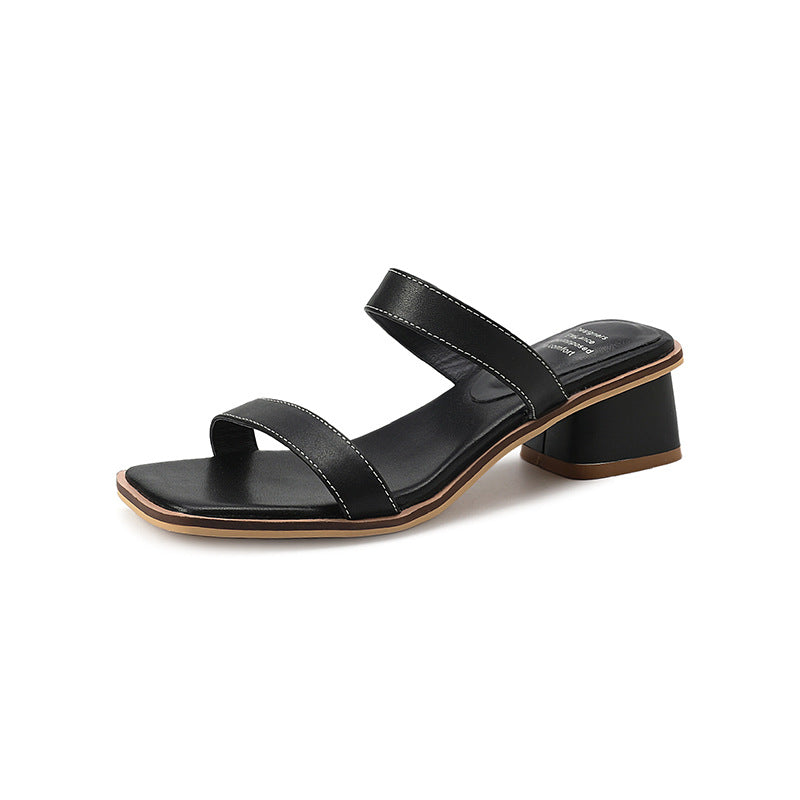 Women Elegant Leather Versatile One Strap Chunky Slippers