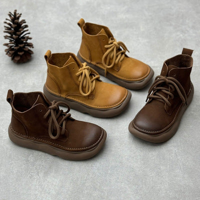 Women Retro Soft Soled Lace-Up Genuine Leather Short Boots