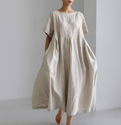 Ladies Solid Color Casual Loose Cotton Linen A-Line Dresses