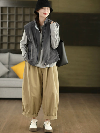 Women Casual Cool Stand Collar Sleeveless Lace-Up Plaid Jacket