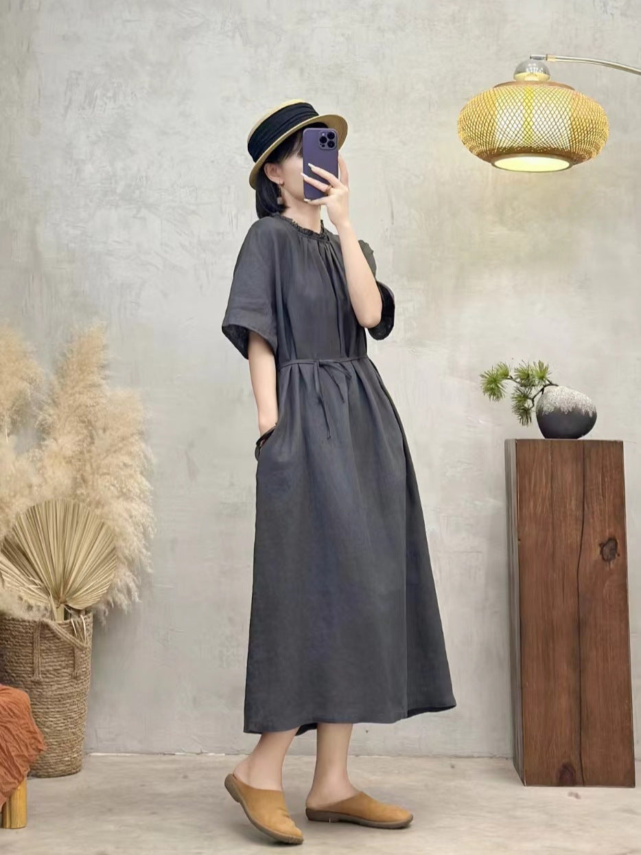 Babakud Retro Linen Ruffle Lapel Lace-Up Short Sleeves Dress