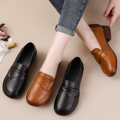 Genuine Leather For Women Retro Chunky Slip-Ons Flats Shoes
