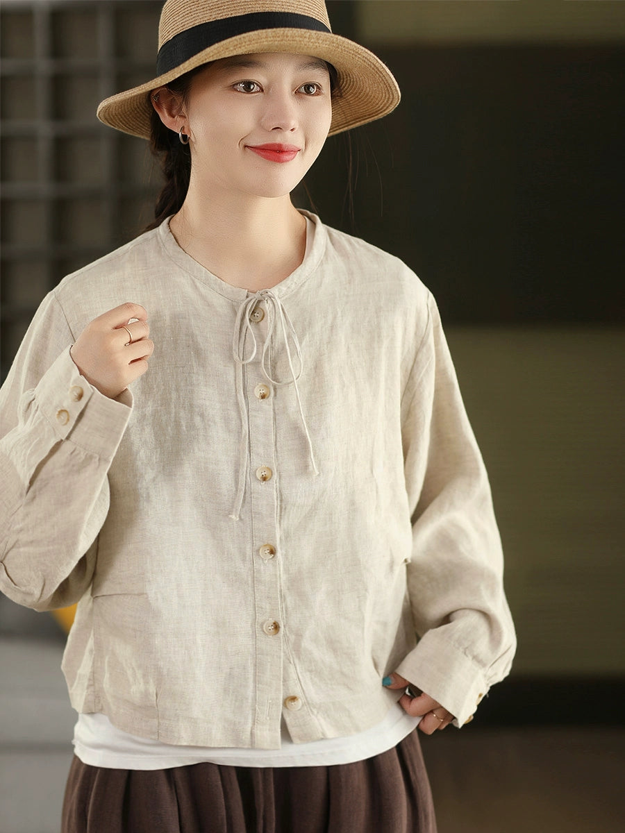 Autumn Retro Linen Round Neck Lace-Up Single-Breasted Shirt