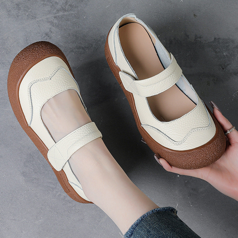 Women Retro Comfortable Leather Wide Round Toe Velcro Sandals