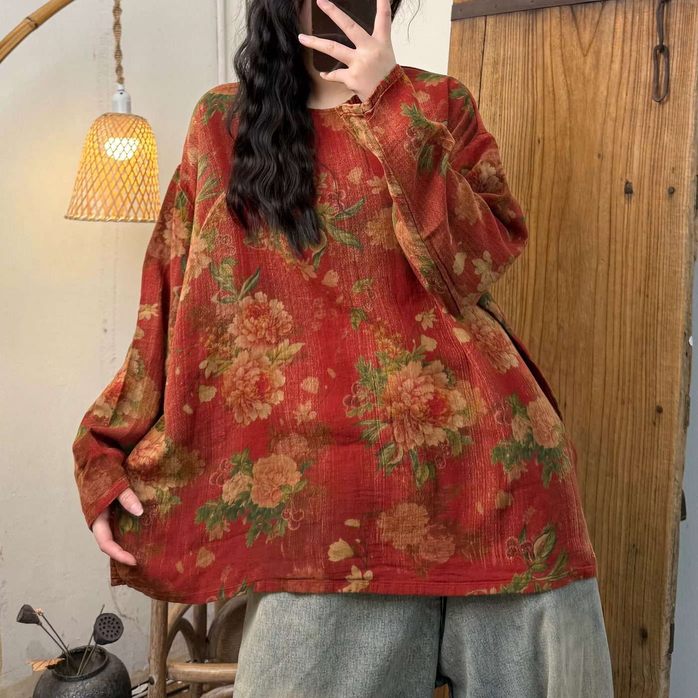 Women Spring Retro Cotton Printed Floral Casual Loose Shirt