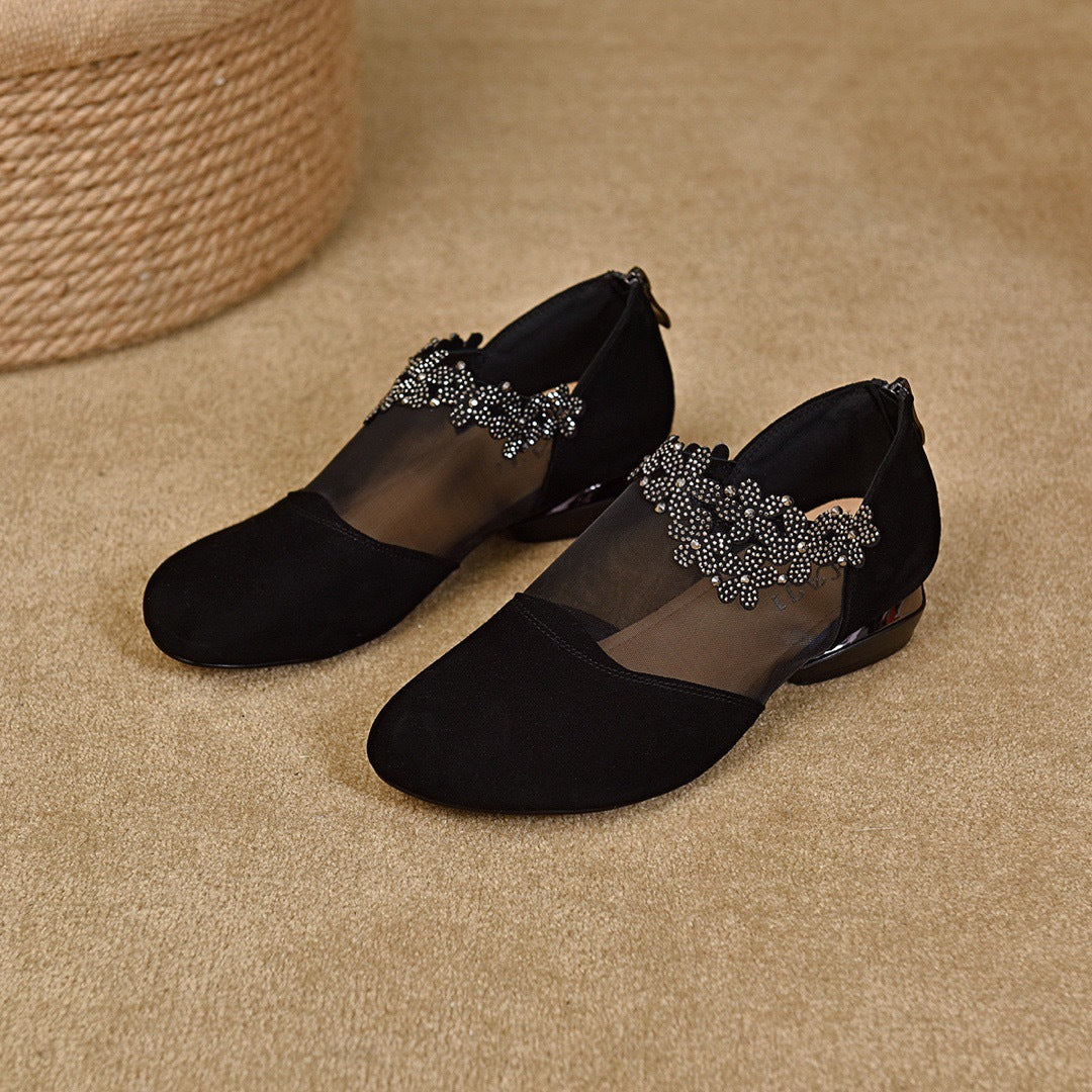 Genuine Leather Mesh Elegant Diamonds Floral Shoes