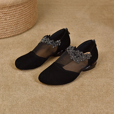 Genuine Leather Mesh Elegant Diamonds Floral Shoes