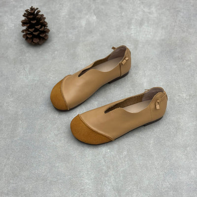 Ladies Retro Contrast Low Heeled Soft Leather Slip-On Shoes