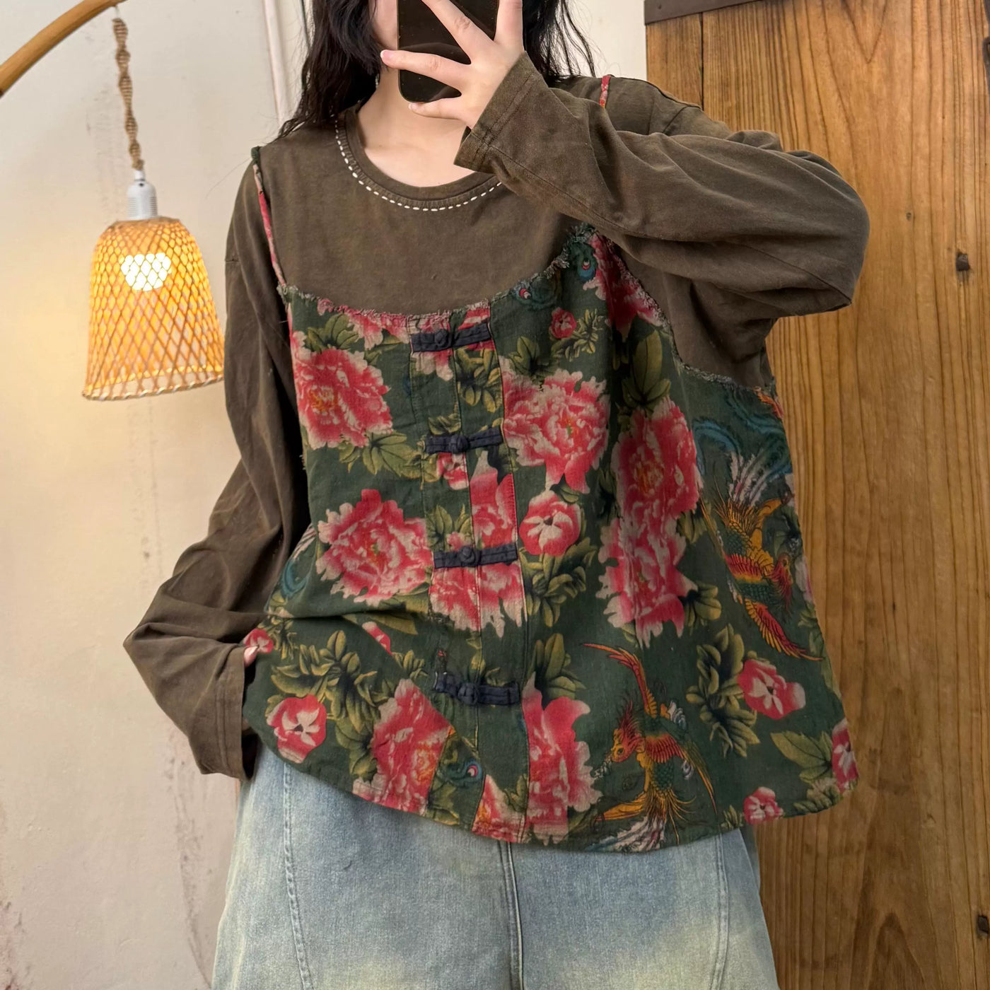 Women Spring Retro Cotton Printed Floral Loose Vest