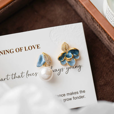 Women Elegant Vintage Enamel 18K Gold Pearl Asymmetrical Earrings