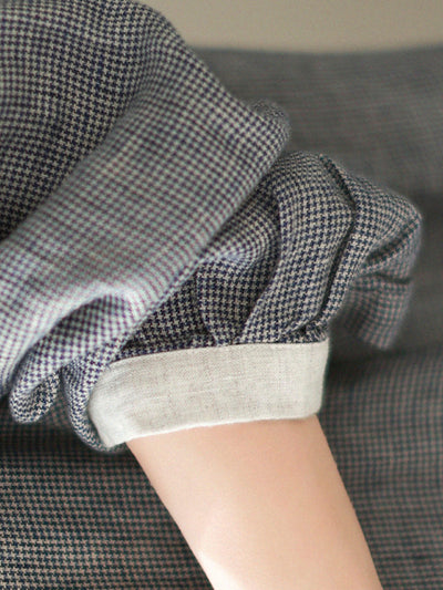 Women Casual Plus Size Houndstooth Plaid Linen Mid-Length Jacket